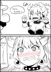  !? 1boy 1girl @_@ armlet blush bowsette bracelet breasts cleavage clenched_teeth collar comic commentary_request crown dress earrings embarrassed english_text facial_hair greyscale hair_between_eyes hat highres horns jewelry large_breasts long_hair mario mario_(series) mini_crown monochrome mustache new_super_mario_bros._u_deluxe nintendo ponytail red_hat sharp_teeth spiked_armlet spiked_bracelet spiked_collar spikes spoken_blush spoken_interrobang strapless strapless_dress super_crown surprised teeth turtle_shell yano_toshinori  rating:Sensitive score:15 user:danbooru