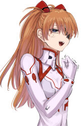  1girl anger anger_vein artist_request bodysuit breasts clenched_hand evangelion:_3.0+1.0_thrice_upon_a_time eyepatch forced_smile highres interface_headset long_hair medium_breasts neon_genesis_evangelion pilot_suit plugsuit rebuild_of_evangelion shiny_clothes smile solo souryuu_asuka_langley white_background white_bodysuit 