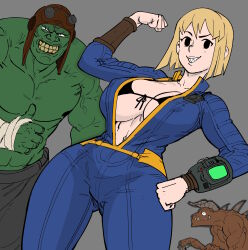 1girl absurdres bb_(baalbuddy) blonde_hair bodysuit bra breasts colorized creature deathclaw fallout_(series) greyscale grin highres jumpsuit large_breasts looking_at_viewer medium_breasts monochrome navel open_clothes open_jumpsuit pip_boy smile solo super_mutant thumbs_up underwear vault_girl vault_suit
