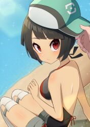  1girl absurdres back baseball_cap black_hair breasts creatures_(company) game_freak hat highres holding holding_clothes holding_hat looking_at_viewer nintendo parted_lips pokemon pokemon_masters_ex pokemon_oras red_eyes scottie_(pokemon) short_hair shorts sideboob sitting solo_focus sparkle ssrg_srrg zinnia_(pokemon) 