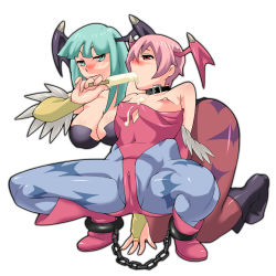  2girls blush breasts cameltoe capcom highres large_breasts lilith_aensland morrigan_aensland multiple_girls nipple_slip nipples ojo_(dfreak) popsicle sexually_suggestive small_breasts vampire_(game)  rating:Questionable score:74 user:cloudsora