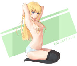 1girl absurdres armpits arms_up bad_id bad_pixiv_id black_thighhighs blonde_hair blue_eyes blunt_bangs blush breasts character_name closed_mouth collarbone dated erjian fang fang_out from_side full_body hair_down highres long_hair looking_at_viewer medium_breasts navel nose_blush panties saenai_heroine_no_sodatekata sawamura_spencer_eriri seiza sitting sketch solo thighhighs topless underwear wavy_mouth white_panties rating:Questionable score:42 user:danbooru