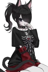  1girl ame-chan_(needy_girl_overdose) animal_ears arm_warmers between_legs black_choker black_eyes black_hair black_shirt cat_ears cat_tail choker hair_over_one_eye hand_between_legs hand_up highres kemonomimi_mode long_hair long_sleeves looking_at_viewer miniskirt needy_girl_overdose o-ring o-ring_choker official_alternate_costume pleated_skirt red_skirt shirt simple_background sitting skeleton_print skirt solo syuni_(iwakura_666) t-shirt tail tongue tongue_out twintails white_background 