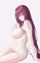  1girl bare_shoulders breasts fate/grand_order fate_(series) highres large_breasts long_hair long_sleeves looking_at_viewer nmi off_shoulder purple_hair red_eyes scathach_(fate) solo sweater thighs white_sweater 