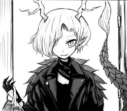  1girl absurdres antlers bandana black_bandana dragon_girl dragon_horns dragon_tail fur-tipped_tail highres horns kicchou_yachie leather_vest looking_at_viewer monochrome scales short_hair smile tail touhou turtle_shell yscao 
