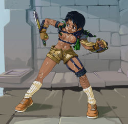 alley armor black_hair braid breastless_clothes breasts brown_eyes bukkake cosplay crossover cum cum_on_body cum_on_breasts cum_on_clothes cum_on_lower_body cum_on_upper_body dagger dark_skin facial fighting_stance final_fantasy final_fantasy_vii fingerless_gloves fishnets gloves hair_ribbon highres kevin_sano midriff ribbon rust shorts solo soul_calibur talim topless turtleneck twin_braids unzipped weapon yuffie_kisaragi yuffie_kisaragi_(cosplay) rating:Explicit score:6 user:danbooru