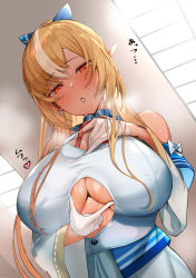 1girl blonde_hair blush bow breasts clothing_cutout dark-skinned_female dark_skin detached_sleeves dress elf gloves highres hololive hoshara large_breasts long_hair looking_at_viewer multicolored_hair open_mouth paizuri_invitation pointy_ears ponytail red_eyes sailor_dress shiranui_flare shiranui_flare_(1st_costume) solo steam streaked_hair sweat underboob_cutout virtual_youtuber white_hair rating:Sensitive score:127 user:danbooru