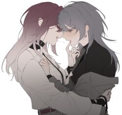 2girls after_kiss black_choker black_shirt blush chief_(path_to_nowhere) choker commentary_request earrings female_chief_(path_to_nowhere) flower gradient_hair grey_eyes grey_hair grey_shirt hand_on_another&#039;s_back hand_on_another&#039;s_chest hand_on_another&#039;s_face highres isakuu jewelry long_hair multicolored_hair multiple_girls off_shoulder open_mouth path_to_nowhere purple_hair red_eyes saliva saliva_trail shalom_(path_to_nowhere) shirt simple_background tears upper_body white_background white_flower white_hair white_shirt yuri 