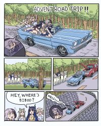  5girls absurdres accident animal_ears asymmetrical_horns black_hair blonde_hair blue_hair car car_crash car_trunk colored_inner_hair commentary convertible demon_horns dog_ears dog_girl driving english_commentary english_text fuwawa_abyssgard grey_hair highres holoadvent hololive hololive_english horns in_trunk koseki_bijou left-to-right_manga lessulie long_hair mococo_abyssgard motor_vehicle multicolored_hair multiple_girls navel nerissa_ravencroft outdoors pink_hair purple_hair red_eyes road shiori_novella shirt short_hair shorts siblings sisters speech_bubble split-color_hair stuck t-shirt tears tow_truck tree truck twins two-tone_hair uneven_horns very_long_hair virtual_youtuber wreckage yellow_eyes 