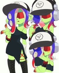  1girl arm_behind_back bandaged_arm bandages baseball_cap black_dress black_footwear blue_hair blush_stickers boots bracelet closed_mouth color_chip_(splatoon) colored_skin commentary_request cross-laced_slit dedf1sh dress earrings fang gradient_hair green_skin hand_on_own_face hat headphones headphones_over_headwear highres jewelry kiirono knee_boots long_hair mouth_hold multicolored_hair multiple_earrings multiple_views nintendo octoling off-shoulder_dress off_shoulder open_mouth pointing print_headwear red-tinted_eyewear red_hair sanitized_(splatoon) side_slit single_bare_shoulder speech_bubble splatoon_(series) splatoon_3 splatoon_3:_side_order standing suction_cups sunglasses sweat tentacle_hair tinted_eyewear translation_request two-tone_hair white_background 
