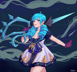 1girl ahoge artist_name b.sa_(bbbs) black_bow blue_hair bow breasts cleavage dress drill_hair gloves green_background green_eyes green_hair grey_dress gwen_(league_of_legends) hair_bow hand_up highres holding holding_scissors league_of_legends long_hair looking_at_viewer oversized_object pink_gloves scissors smile solo twin_drills twintails rating:Questionable score:10 user:danbooru