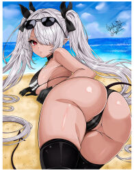  1girl 2023 armpit_crease ass beach bikini black_bikini black_choker black_gloves black_ribbon black_thighhighs blue_archive blue_sky blush breasts cameltoe choker closed_mouth commentary covered_erect_nipples dark-skinned_female dark_skin dated day demon_girl demon_tail eyelashes eyewear_on_head from_behind frown gloves grey_hair hair_intakes hair_over_one_eye hair_ribbon hair_spread_out highres iori_(blue_archive) large_breasts lips long_bangs long_hair looking_at_viewer looking_back lying ocean on_side outdoors partially_visible_vulva pointy_ears red_eyes ribbon sideboob signature skindentation sky solo sunglasses sunlight swimsuit taichi993 tail thigh_gap thighhighs thighs top-down_bottom-up tsurime twintails very_long_hair 