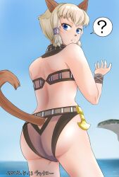  1girl 2023 ? adventurer_(ff11) animal_ears artist_name ass bare_shoulders blonde_hair blue_eyes bra brown_tail cat_ears cat_girl cat_tail chatarou_bekkan clothing_cutout cowboy_shot dated facial_mark final_fantasy final_fantasy_xi hair_tubes hand_up highres mithra_(ff11) no_eyebrows panties short_hair solo speech_bubble spoken_question_mark tail tail_through_clothes underwear whisker_markings 