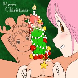  1boy 1girl age_difference antlers bad_id bad_pixiv_id bdsm blush bondage bound bound_penis bound_wrists brown_eyes candle caressing_testicles christmas christmas_tree cock_ring cote erection face femdom grin hetero horns looking_at_viewer looking_back merry_christmas nude object_insertion original penis penis_ornament penis_play pinching pink_hair sex_toy shota smile spread_legs teenage_girl_and_younger_boy testicles uncensored urethral_insertion what  rating:Explicit score:113 user:danbooru