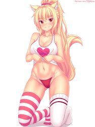 1girl animal_ear_fluff animal_ears asymmetrical_legwear blonde_hair blush breasts cat_ears cat_girl cat_tail cleavage clothes_lift commentary covered_erect_nipples english_commentary full_body gluteal_fold grin groin hair_between_eyes heart high_ponytail highres kneeling large_breasts lifting_own_clothes long_hair looking_at_viewer mismatched_legwear navel no_shoes nottytiffy original panties ponytail red_panties shadow shirt_lift simple_background slit_pupils smile solo striped_clothes striped_thighhighs tail tank_top thighhighs tiffy_(nottytiffy) underwear watermark web_address white_background white_tank_top white_thighhighs rating:Questionable score:42 user:danbooru