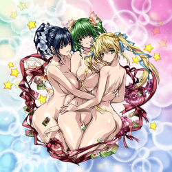 3girls arms_behind_back ass back bell black_hair blonde_hair blue_hair board_game breasts brown_eyes bubble censored convenient_censoring female_focus flower girl_sandwich green_eyes green_hair groin group_hug hair_bun hair_flower hair_ornament hair_ribbon happy highres hip_focus hug huge_breasts large_breasts long_hair looking_at_viewer looking_back mahjong multiple_girls navel nude open_mouth original q_azieru ribbon rose sandwiched shiny_skin smile star_(symbol) twintails yuri rating:Questionable score:102 user:danbooru