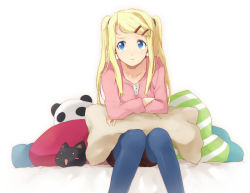  00s 1girl alternate_hairstyle bad_id bad_pixiv_id blonde_hair blue_eyes female_focus frown fullmetal_alchemist hair_ornament hairclip pantyhose pillow riru sitting solo twintails white_background winry_rockbell  rating:Sensitive score:8 user:danbooru