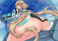  1girl angela_balzac angry aqua_eyes armor ass ass_focus bare_shoulders black_gloves blonde_hair blue_eyes blush bodysuit breasts clenched_teeth cloud cockpit cowboy_shot day elbow_gloves female_focus foreshortening from_behind gloves hair_ornament headgear huge_ass leotard long_hair looking_at_viewer looking_back low_twintails m_hito nose_blush rakuen_tsuihou shiny_skin sketch sky solo straddling teeth thick_thighs thighs thong thong_leotard turtleneck twintails very_long_hair  rating:Questionable score:30 user:armorcrystal