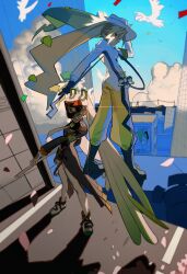  2girls absurdres arm_up armband baggy_pants billboard bird black_footwear black_headwear blonde_hair blue_background blue_headwear blue_jacket blue_sky boots brown_coat building character_name city closed_mouth cloud coat confetti creatures_(company) cumulonimbus_cloud electric_miku_(project_voltage) fighting_miku_(project_voltage) full_body game_freak glint gloves glowing gradient_hair green_armband green_eyes green_hair green_pants hair_between_eyes hand_on_headwear hand_up hatsune_miku highres holding holding_staff jacket korean_commentary long_hair long_sleeves looking_at_viewer multicolored_eyes multicolored_hair multiple_girls necktie nintendo orange_eyes orange_headwear original outdoors pants pink_petals poke_ball pokemon power_lines project_voltage reflection road sasi_mozzi1 sky skyscraper smile spring_onion staff standing thighhighs twintails utility_pole very_long_hair visor_cap vocaloid waist_poke_ball yellow_eyes yellow_pants 
