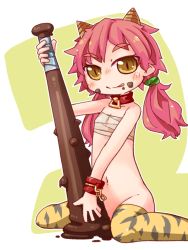  1girl :p bottomless chocolate chocolate_on_face club_(weapon) collar female_focus food food_on_face horns loli mato_(target_red) oni oni_horns original sarashi sitting smile solo tongue tongue_out twintails wariza weapon 