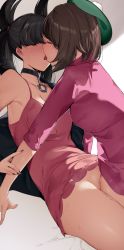 2girls bare_shoulders black_choker black_hair black_nails breasts brown_hair choker cleavage closed_eyes collarbone commentary creatures_(company) french_kiss frottage game_freak gloria_(pokemon) hair_tie hat highres kiss leg_between_thighs marnie_(pokemon) medium_breasts multiple_girls nail_polish nintendo no_panties pokemon pokemon_swsh pussy_juice saliva short_hair sweat symbol-only_commentary tam_o&#039;_shanter tongue tongue_out twintails yuri yuuyuu_(yuuki1771) rating:Explicit score:173 user:danbooru