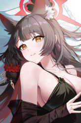  1girl absurdres animal_ear_fluff animal_ears blue_archive breasts collarbone colored_inner_hair eyeliner flower fox_ears fox_girl halo highres lying makeup multicolored_hair on_back prock red_eyeliner red_halo solo upper_body wakamo_(blue_archive) yellow_eyes 