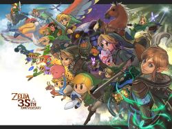  6+boys anniversary blonde_hair butiboco cape cliff cloak copyright_name daruk epona ezlo fi_(zelda) green_tunic hat highres holding holding_sword holding_weapon horse hyrule_warriors link loftwing looking_at_viewer mask midna mipha moon_(zelda) multiple_boys multiple_persona navi nintendo pig pointy_ears princess_zelda revali riding scarf sheikah_slate shield shield_on_back smile sword tael tatl the_king_of_red_lions the_legend_of_zelda the_legend_of_zelda:_a_link_between_worlds the_legend_of_zelda:_a_link_to_the_past the_legend_of_zelda:_breath_of_the_wild the_legend_of_zelda:_four_swords the_legend_of_zelda:_link&#039;s_awakening the_legend_of_zelda:_majora&#039;s_mask the_legend_of_zelda:_ocarina_of_time the_legend_of_zelda:_skyward_sword the_legend_of_zelda:_the_minish_cap the_legend_of_zelda:_the_wind_waker the_legend_of_zelda:_twilight_princess the_legend_of_zelda_(cartoon) the_legend_of_zelda_(cd-i) the_legend_of_zelda_(nes) toon_link urbosa weapon young_link 