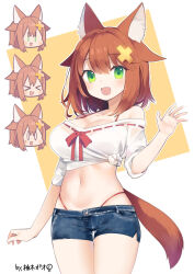  &gt;_&lt; 0_0 1girl :d animal_ear_fluff animal_ears blue_shorts blush_stickers breasts brown_hair cleavage closed_eyes commission copyright_request denim denim_shorts green_eyes hair_between_eyes hair_ornament highleg highleg_panties highres medium_breasts off-shoulder_shirt off_shoulder open_mouth orange_background panties red_panties ribbon-trimmed_shirt shirt short_shorts short_sleeves shorts skeb_commission skindentation smile sweat tail tied_shirt two-tone_background underwear white_background white_shirt x_hair_ornament xd yuzuki_gao |_| 