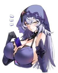  1girl between_breasts black_swan_(honkai:_star_rail) blue_dress breasts card card_between_breasts closed_mouth commentary_request dress elbow_gloves gloves grey_hair hair_between_eyes highres honkai:_star_rail honkai_(series) horn/wood huge_breasts long_hair purple_dress simple_background smile solo upper_body veil white_background yellow_eyes 