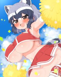  1girl animal_ears armpits bare_shoulders black_hair blush breasts brown_eyes cheering cheerleader common_raccoon_(kemono_friends) crop_top crop_top_overhang grey_hair highres holding holding_pom_poms huge_breasts kemono_friends looking_at_viewer midriff miniskirt navel open_mouth pleated_skirt pom_pom_(cheerleading) pom_poms raccoon_ears raccoon_tail ransusan shoes short_hair skirt smile sneakers solo tail underboob white_hair 