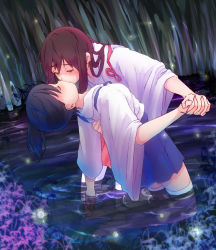10s 2girls akagi_(kancolle) arched_back bad_id bad_pixiv_id black_hair blush brown_hair commentary_request dendenbocchi closed_eyes holding_hands highres interlocked_fingers kaga_(kancolle) kantai_collection kiss kneeling leaning_back leaning_forward long_hair multiple_girls no_shoes partially_submerged skirt thighhighs water white_legwear wide_sleeves yellow_eyes yuri rating:Sensitive score:16 user:danbooru
