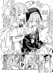 ! !! &lt;|&gt;_&lt;|&gt; 3girls puff_of_air a:n_(angrynum) blowing_in_ear blue_archive blush breasts closed_eyes comic commentary cup dress english_commentary english_text feathered_wings flower greyscale hair_bun halo hat head_wings heart highres holding holding_cup koharu_(blue_archive) long_hair long_sleeves medium_breasts mika_(blue_archive) mini_wings monochrome multiple_girls nagisa_(blue_archive) off_shoulder open_mouth parted_lips pleated_skirt sailor_collar school_uniform serafuku single_side_bun skirt sweat twintails very_long_hair wing_ornament wings yuri rating:Sensitive score:13 user:danbooru