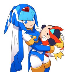  1girl armor blue_eyes breasts capcom character_doll doll fairy_leviathan_(mega_man) gloves highres holding holding_doll hugging_doll hugging_object legs mega_man_(series) mega_man_zero_(series) open_mouth short_hair small_breasts smile solo thighs 