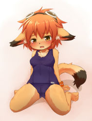  1girl animal_ears animal_hands barefoot blush bracelet breasts cameltoe feet female_focus full_body furry furry_female gradient_background jewelry kagerofu solo swimsuit tail toes  rating:Questionable score:34 user:Wolf-and-Spice