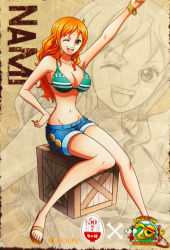  1girl absurdres arm_up bare_arms bare_shoulders bikini bikini_top_only box bracelet breasts brown_eyes cleavage curvy denim denim_shorts full_body happy highres jewelry large_breasts legs long_hair looking_at_viewer nami_(one_piece) navel official_art one_eye_closed one_piece open_mouth orange_eyes orange_hair sandals shorts sitting smile solo stomach swimsuit teeth text_focus thighs tongue wink  rating:Sensitive score:33 user:TeeJay