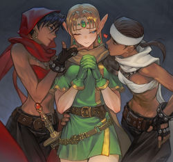  3: 3girls artist_name belt black_hair blonde_hair blue_eyes bracelet breasts brown_hair cleavage commentary cowboy_shot dark-skinned_female dark_skin dungeons_&amp;_dragons:_shadow_over_mystara dungeons_&amp;_dragons earrings elf english_commentary fingerless_gloves forehead_jewel girl_sandwich gloves green_gloves hand_on_own_hip headband heart highres hoop_earrings jewelry long_hair long_pointy_ears looking_to_the_side lucia_(d&amp;d) medium_breasts moriah morry multiple_girls navel necklace one_eye_closed own_hands_clasped own_hands_together pants parted_lips pointy_ears ponytail red_hood red_scarf sandwiched scarf shannon_(d&amp;d) short_hair shoulder_pads studded_gloves sword tan thief toned tunic weapon white_scarf yuri  rating:Sensitive score:92 user:danbooru