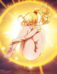  1girl ass bare_arms bare_legs barefoot bent_back blonde_hair blush breasts closed_eyes commentary completely_nude crop_top english_commentary feet fetal_position folded full_body gameplay_mechanics high_ponytail knees_up legs legs_together long_hair medium_breasts metroid mina_cream nintendo nipples nude samus_aran short_shorts shorts solo sports_bra super_metroid thighs toenails toes  rating:Questionable score:64 user:danbooru