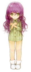  1girl absurdres bottomless child curly_hair female_focus feral_lemma full_body green_eyes highres long_hair purple_hair simple_background solo standing white_background  rating:Sensitive score:28 user:naore