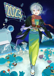  1other 2023 absurdres androgynous animal black_jacket bowl commentary_request earth_(planet) frog full_body green_kimono grey_hair highres holding holding_tray jacket japanese_clothes kimono moon on_moon open_clothes open_jacket open_mouth original planet rabbit red_eyes red_scarf scarf short_hair smile solo space space_shuttle spacecraft standing torino_kawazu tray 
