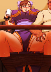 1boy 1girl breasts capcom chun-li cup large_breasts papepox2 street_fighter table under_table rating:Questionable score:24 user:jojosstand