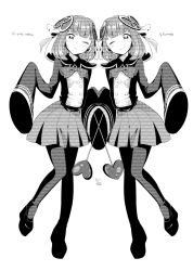  2girls arami_o_8 attraction-m_(lolo) blush heart light_persona magical_girl magical_girl_apocalypse mahou_shoujo_of_the_end monochrome multiple_girls repulsion-m_(coco) ribbon short_hair siblings sisters skirt thighhighs twins very_long_sleeves wink  rating:Questionable score:7 user:twilight_jester