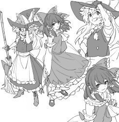  2girls apron ascot bow broom closed_mouth commentary detached_sleeves frilled_bow frilled_hair_tubes frills gloves gohei greyscale grin hair_bow hair_tubes hakurei_reimu hand_on_headwear hat hat_bow highres holding holding_broom holding_gohei kirisame_marisa light_blush long_hair mero_(starfish_jcs) monochrome multiple_girls partially_fingerless_gloves ribbon-trimmed_sleeves ribbon_trim short_sleeves skirt smile touhou vest waist_apron witch_hat 