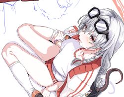  1girl blue_archive blush braid breasts buruma candy clearite eyewear_on_head food glasses grey_hair gym_uniform haruna_(blue_archive) haruna_(track)_(blue_archive) kneehighs long_hair looking_at_viewer sitting smile socks solo tail tongue tongue_out wariza white_socks wings 
