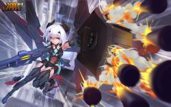  1girl 300_heroes alternate_costume armor blue_eyes building date_a_live firing floating full_body gun headgear mecha_musume mechanical_wings missile muzzle_flash official_art short_hair smoke solo tobiichi_origami weapon white_hair wings 