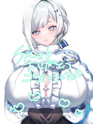  1girl akershus_fortress_(oshiro_project) aqua_eyes badge black_gloves blue_cape blue_cloak bodysuit breasts bursting_breasts cape center_frills cloak commission corset fluff frilled_shirt frills fur-trimmed_cape fur-trimmed_cloak fur_trim gloves grey_hair highres large_breasts looking_at_viewer oshiro_project:re shirt skeb_commission yutazou 