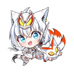  1girl absurdres ahoge animal_ear_fluff animal_ears aqua_eyes boost_mark_ix_buckle braid commentary driver_(kamen_rider) english_commentary fox fox_ears fox_girl fox_mask fox_tail hair_between_eyes highres holding holding_weapon hololive kamen_rider kamen_rider_geats_(series) kamen_rider_geats_ix kghazir long_hair looking_at_viewer mask open_mouth pentagram shirakami_fubuki simple_background single_braid smile solo tail virtual_youtuber weapon white_hair 