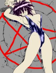  1990s_(style) 1girl armpits arms_up bdsm bondage bound breasts censored chain convenient_censoring large_breasts melfina mogudan one-piece_swimsuit outlaw_star pentagram purple_eyes restrained solo swimsuit  rating:Questionable score:27 user:Rummy0
