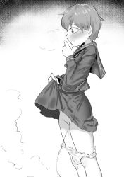 1girl blush breath clothes_lift long_sleeves monochrome neckerchief panties panty_pull parted_lips peeing school_uniform shirt short_hair skirt skirt_lift standing steam tears teeth underwear white_panties rating:Explicit score:7 user:cpee