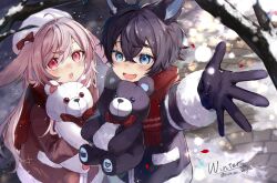  1boy 1girl animal_ears bare_tree black_hair blue_eyes blush coat commentary fang fur-trimmed_coat fur-trimmed_sleeves fur_trim gloves hat holding holding_stuffed_toy ichimishiyu long_hair open_mouth original outdoors outstretched_arm pink_eyes pink_hair rabbit_ears reaching reaching_towards_viewer scarf short_hair smile snow snowing stuffed_animal stuffed_toy teddy_bear tree very_long_hair 