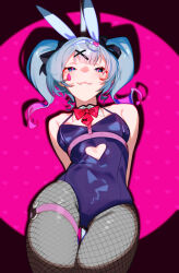 1girl animal_ears aqua_hair arms_behind_back bare_shoulders black_leotard bow bowtie breasts clothing_cutout detached_collar fake_animal_ears feet_out_of_frame fishnet_pantyhose fishnets grey_pantyhose hair_ornament hairband hatsune_miku heart heart-shaped_pupils heart_cutout highres leotard looking_at_viewer medium_hair necktie pantyhose parted_lips playboy_bunny rabbit_ears rabbit_hole_(vocaloid) raneblu red_necktie shadow short_necktie small_breasts smile solo spotlight standing sticker_on_face symbol-shaped_pupils thigh_strap twintails vocaloid x_hair_ornament 